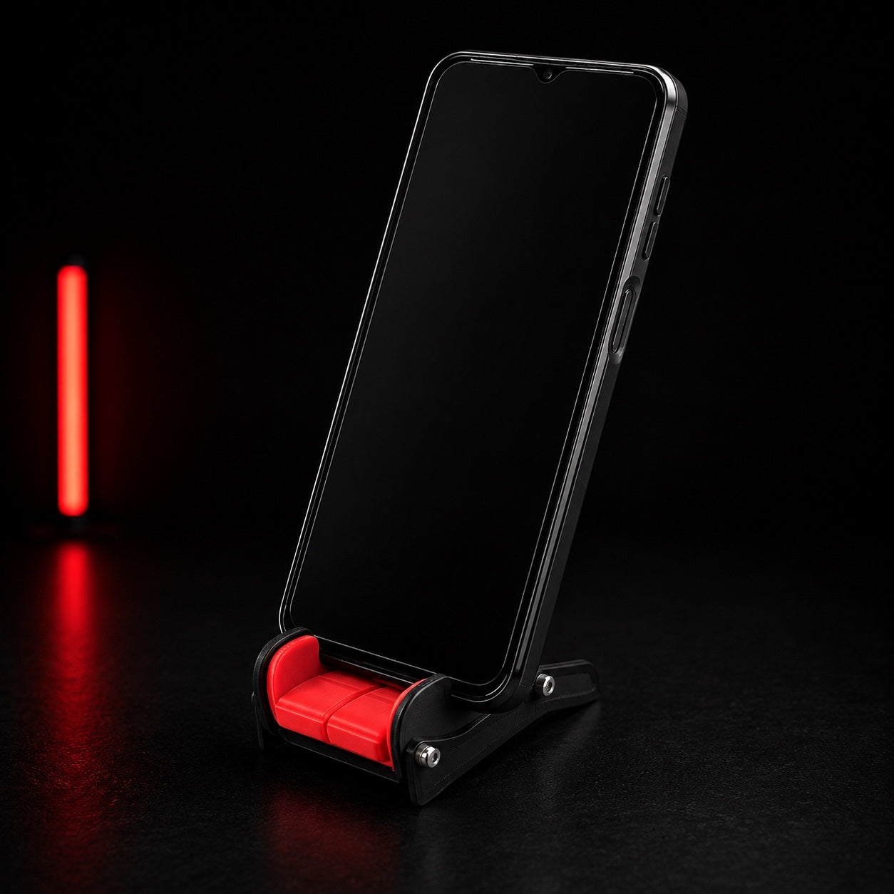 Titan Racing Seat Phone Stand holding a phone in a red-and-black motorsport bucket seat