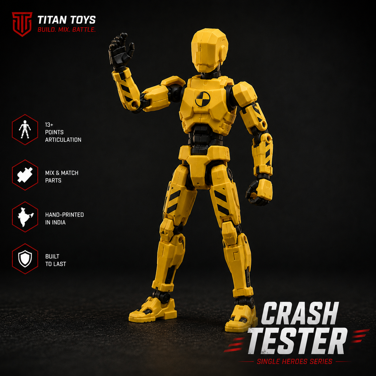 Crash Tester Titan 13 — industrial yellow and black hi-vis articulated action figure by Titan Toys