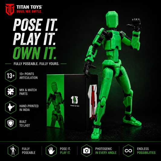 Green Titan 13 pose it play it own it — articulated action figure with collector box by Titan Toys