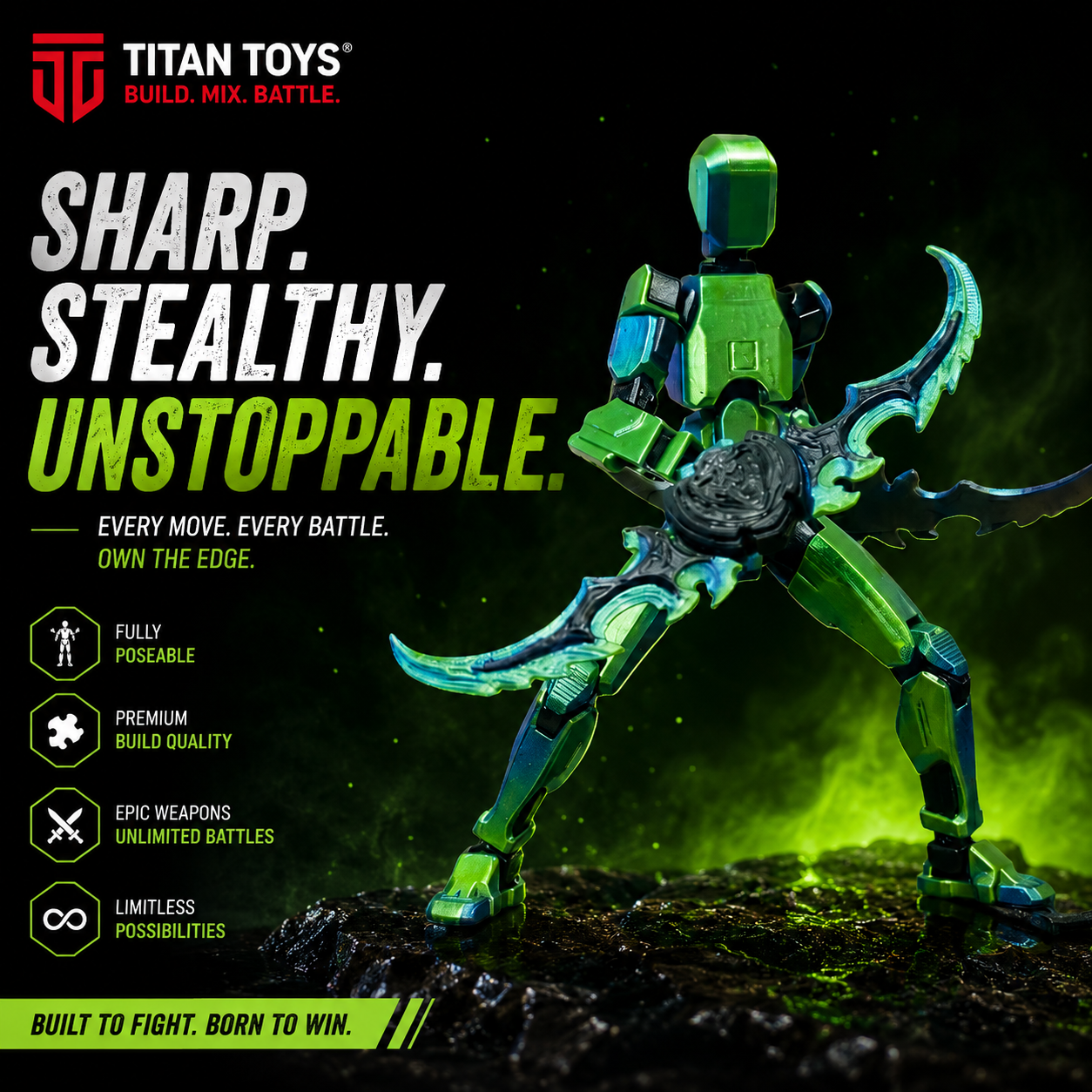Green Titan 13 sharp stealthy unstoppable — 13-joint articulated action figure by Titan Toys