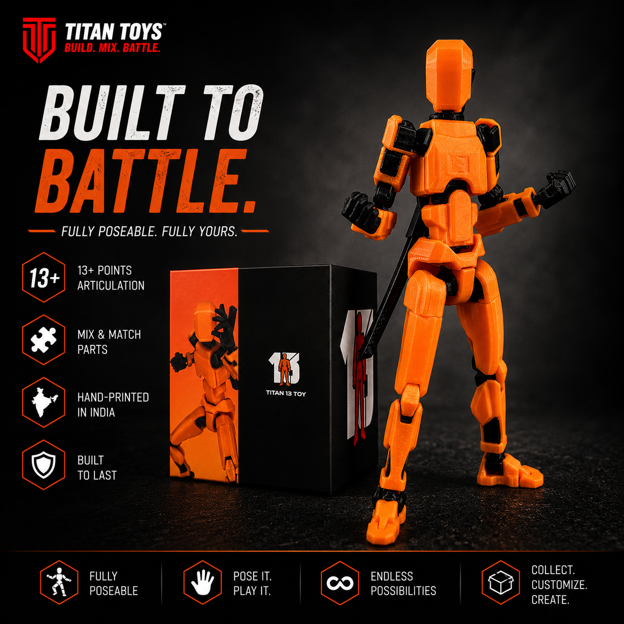 Kasa Hat Samurai Titan 13 — orange articulated figure built to battle, premium 13-joint action figure by Titan Toys