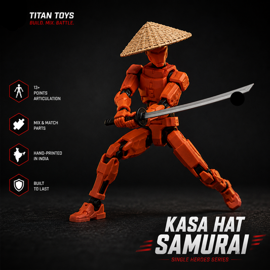 Kasa Hat Samurai Titan 13 — orange figure with conical Japanese sun-hat and katana by Titan Toys