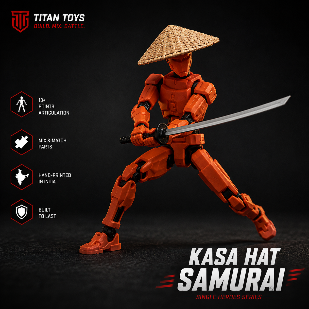 Kasa Hat Samurai Titan 13 — orange figure with conical Japanese sun-hat and katana by Titan Toys