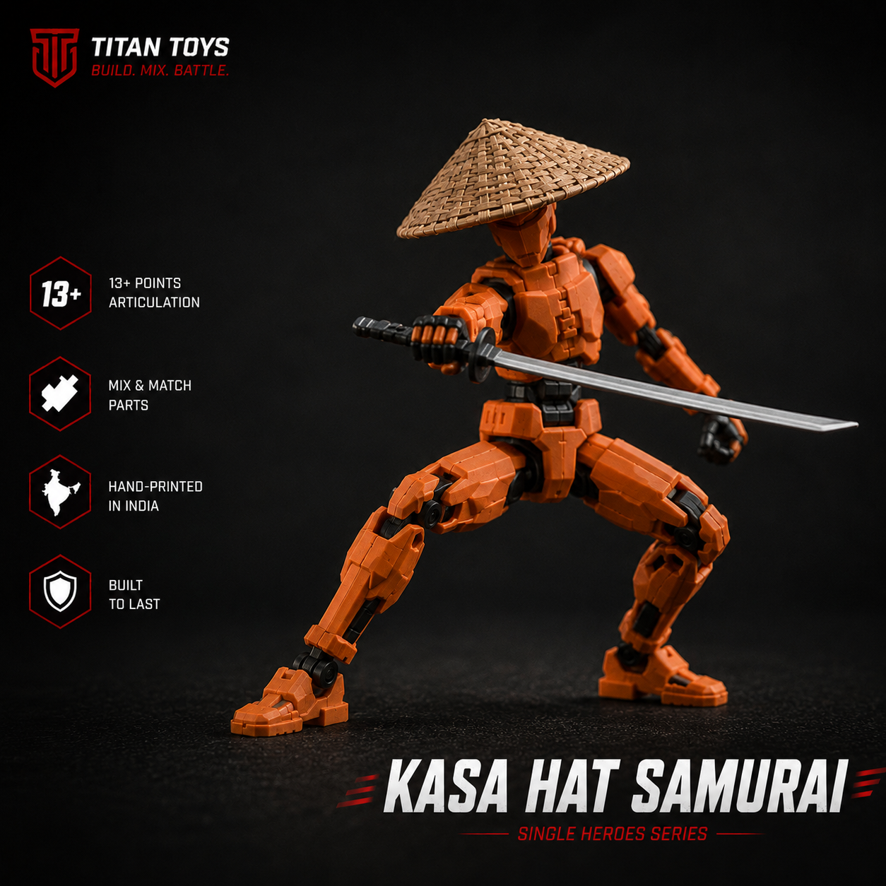 Kasa Hat Samurai Titan 13 hero pose — orange articulated samurai action figure with conical sun-hat by Titan Toys