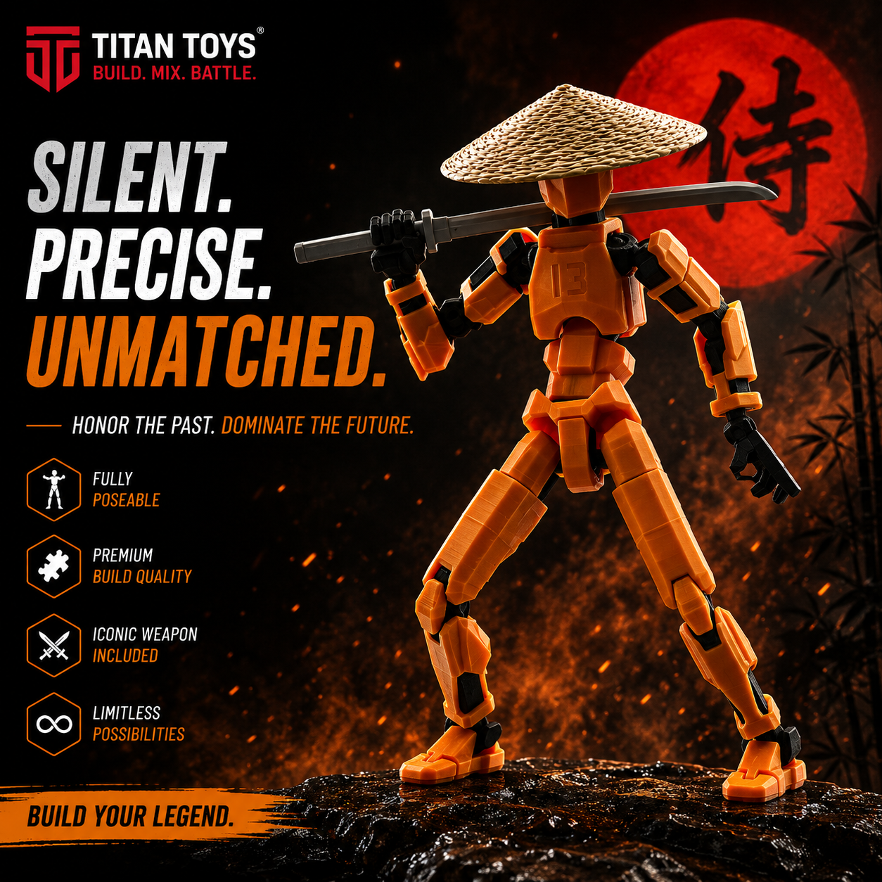 Kasa Hat Samurai silent precise unmatched — orange Titan 13 with katana, Japanese inspired articulated action figure by Titan Toys