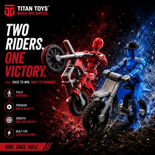 Red Rider Duo two riders one victory — red and blue Titan 13 figures with stunt bikes by Titan Toys