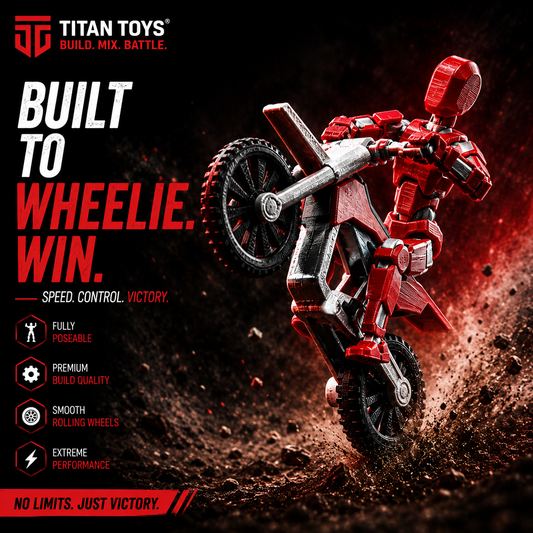 Red Rider Titan 13 built to wheelie win — articulated figure with stunt bike by Titan Toys India