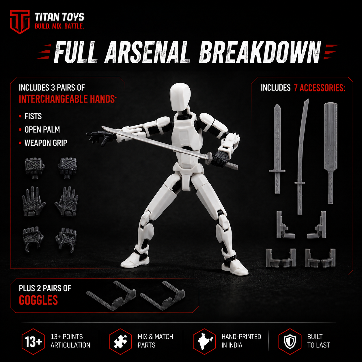 White Titan 13 full arsenal breakdown — 3 interchangeable hand pairs, 7 accessories, premium articulated action figure by Titan Toys