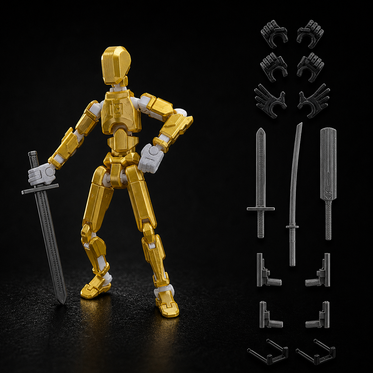 Yellow Titan 13 with weapons and samurai sword — 13-joint articulated 3D-printed action figure by Titan Toys India