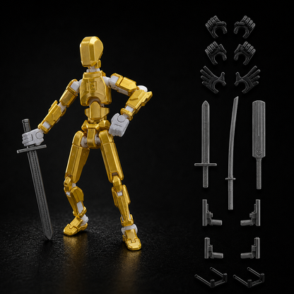 Yellow Titan 13 with weapons and samurai sword — 13-joint articulated 3D-printed action figure by Titan Toys India