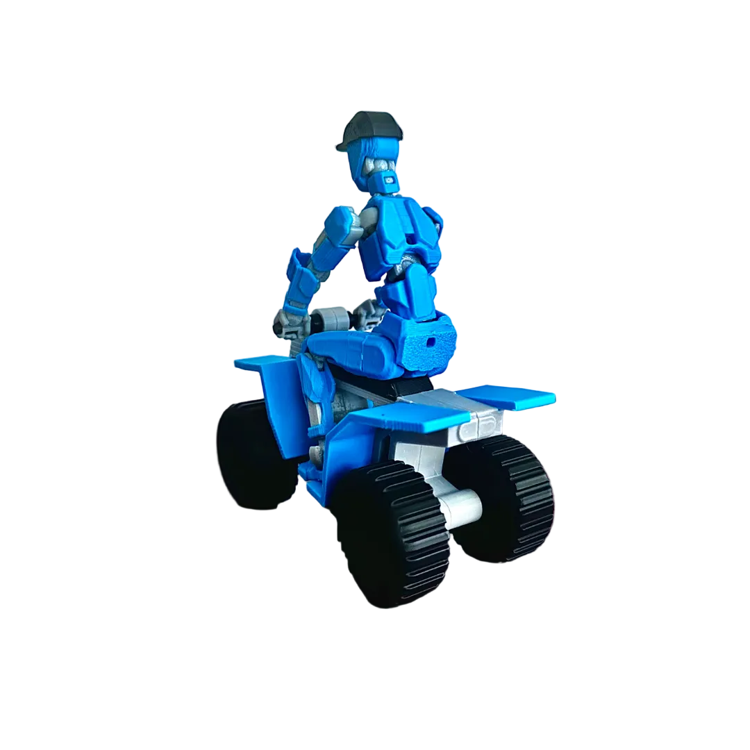 Blue ATV quad bike front view with rider