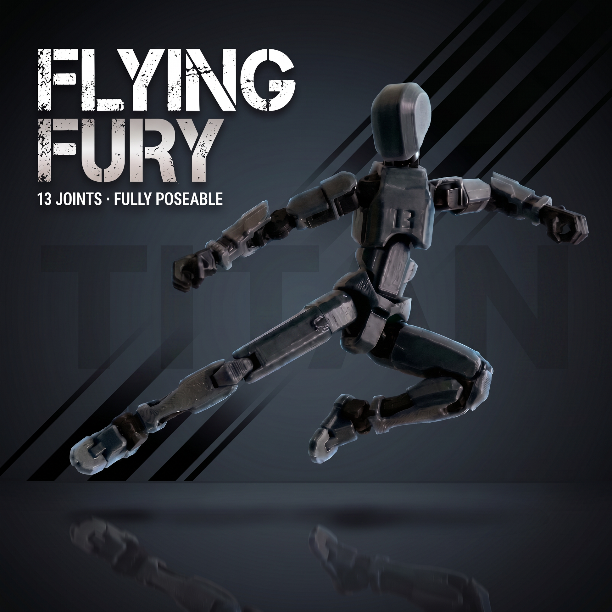 Titan Black flying-kick pose — fully poseable articulated figure