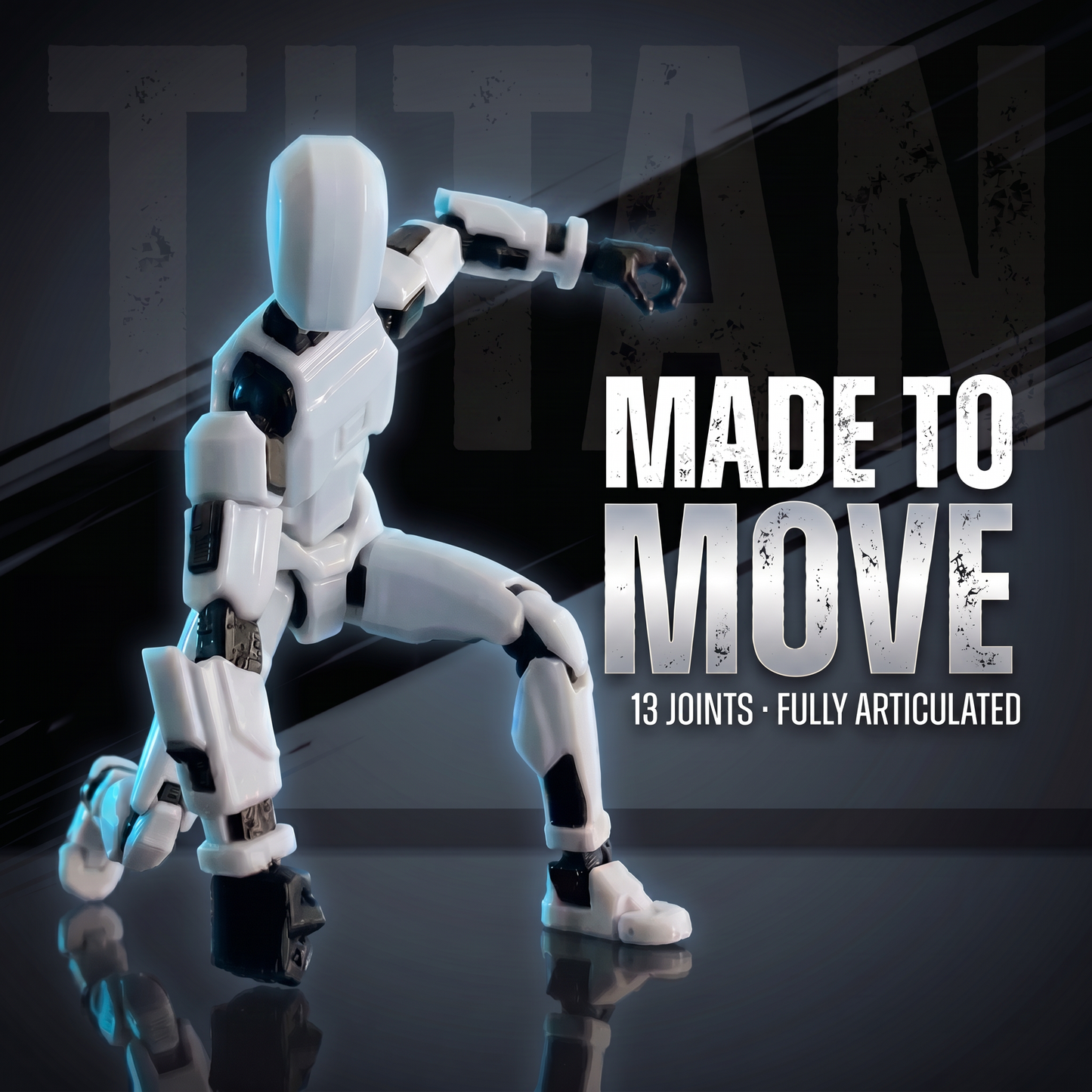 Titan White action pose — made to move, 13 joints fully articulated