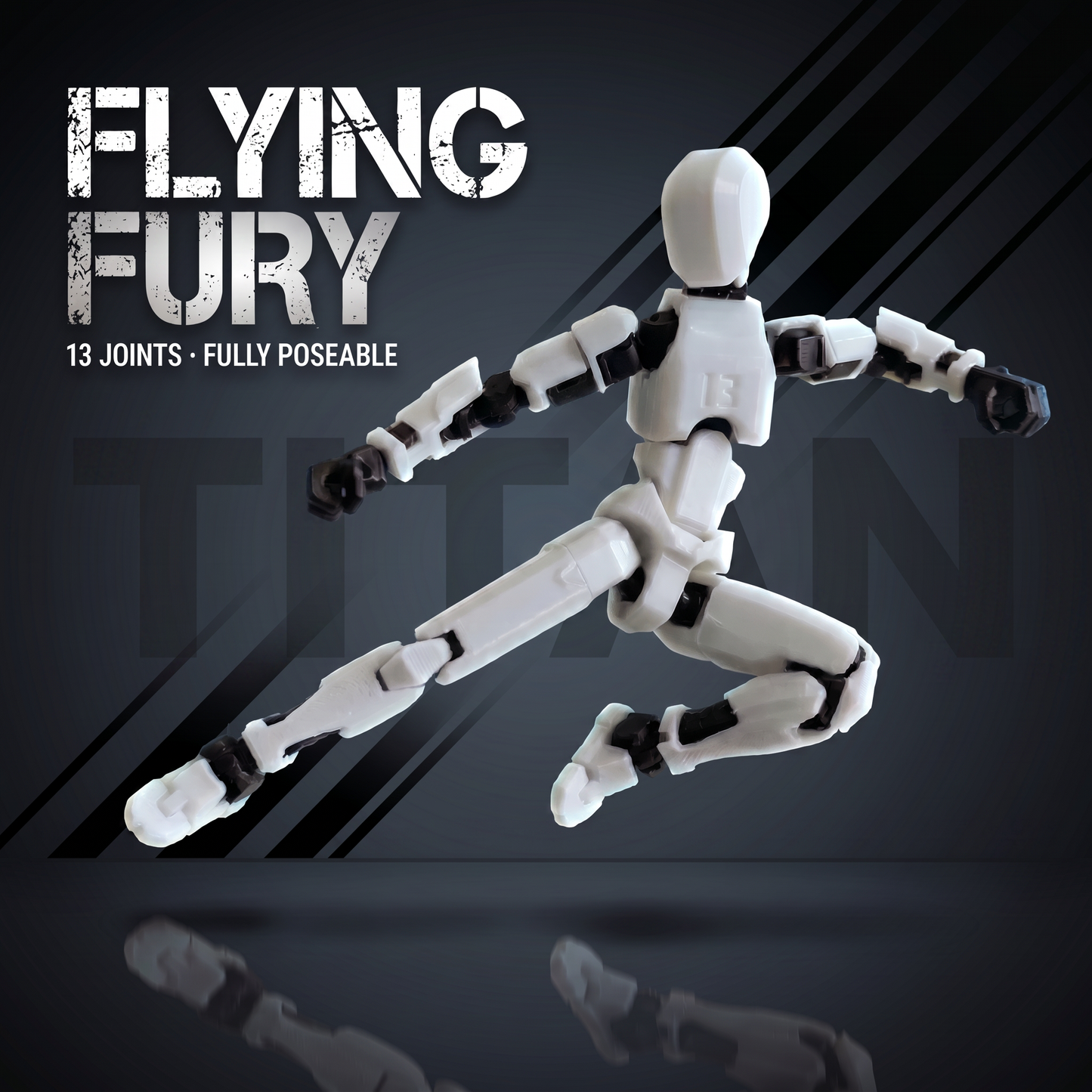 Titan White flying-kick pose — fully poseable articulated figure