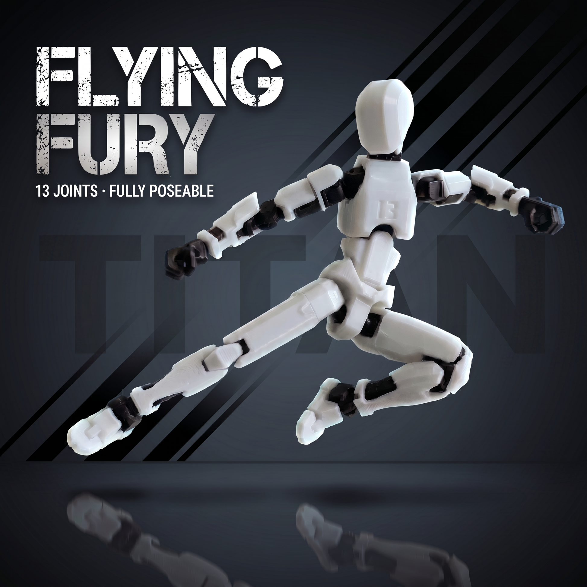 Titan White flying-kick pose — fully poseable articulated figure