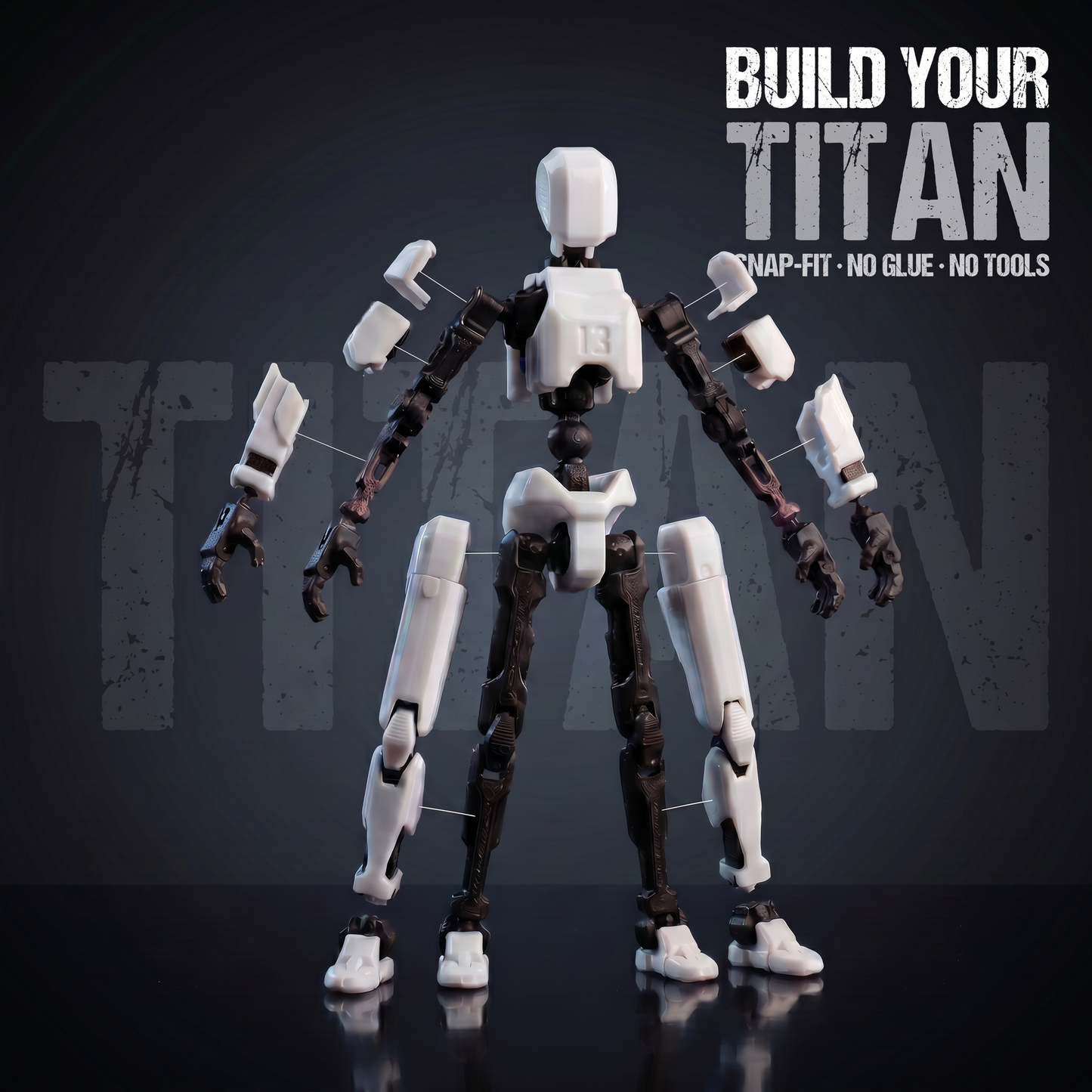 Titan White assembly — snap-fit, no glue, no tools, exploded parts