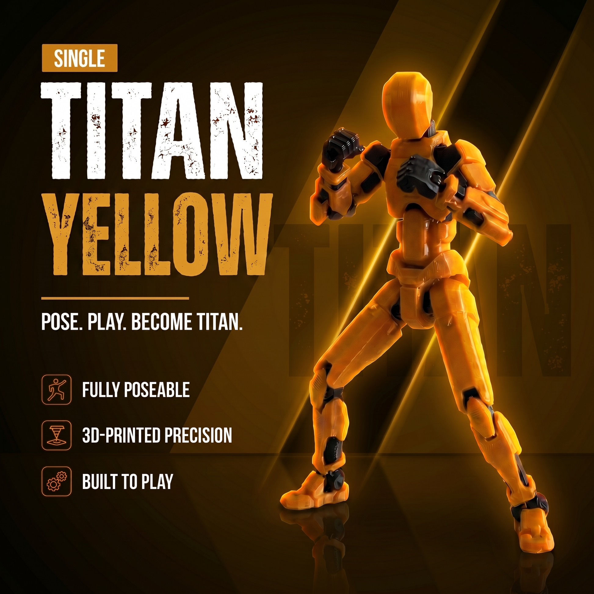 Titan Yellow 13-joint poseable 3D-printed action figure — hero