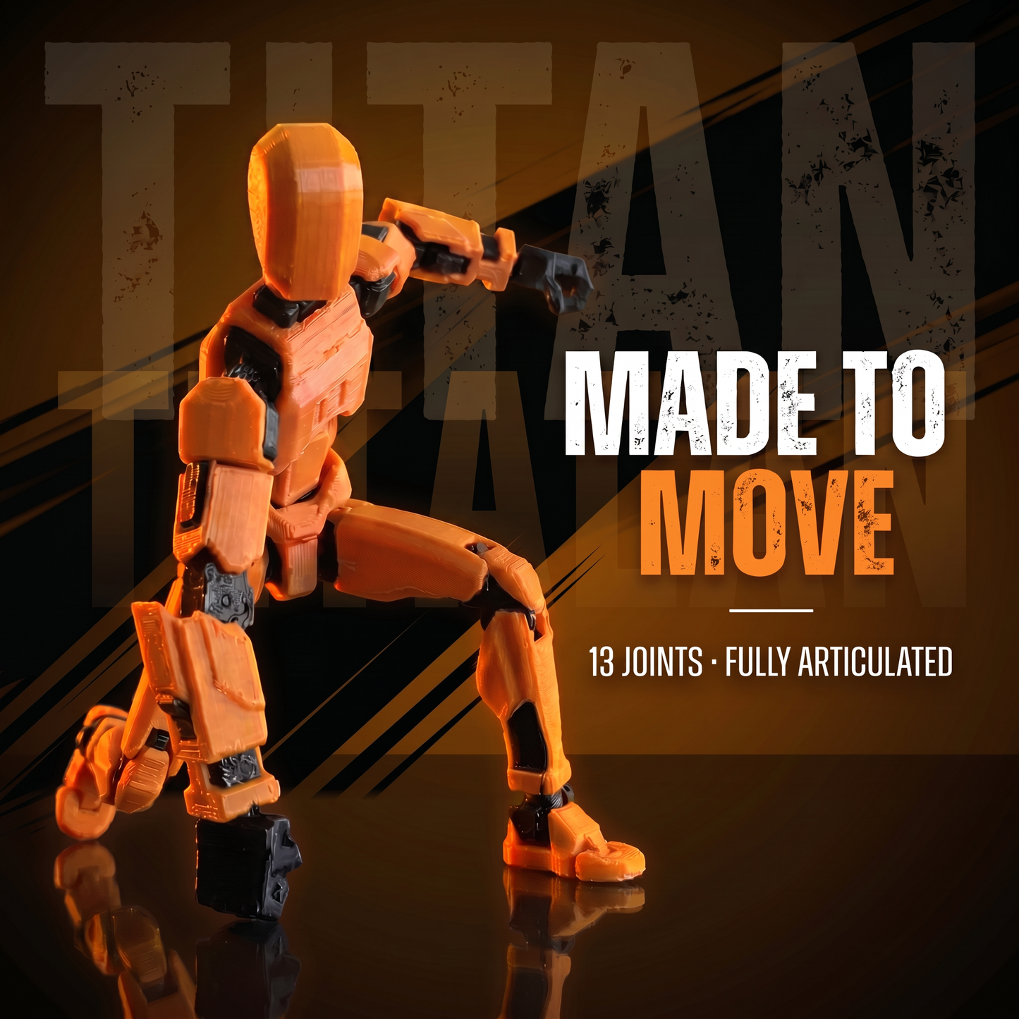 Titan Yellow action pose — made to move, 13 joints fully articulated