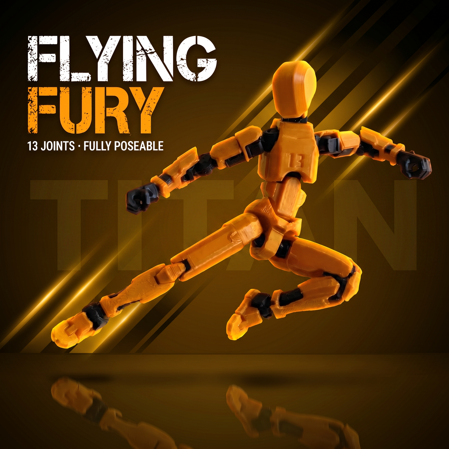 Titan Yellow flying-kick pose — fully poseable articulated figure