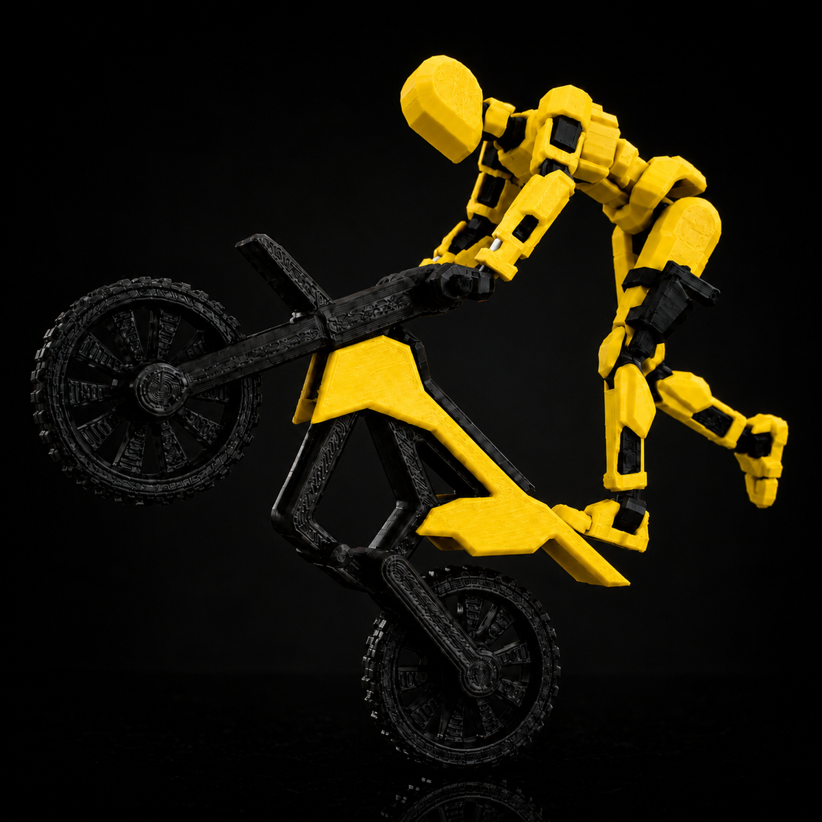 Yellow Rider Titan on stunt bike — dynamic action pose, Titan Toys